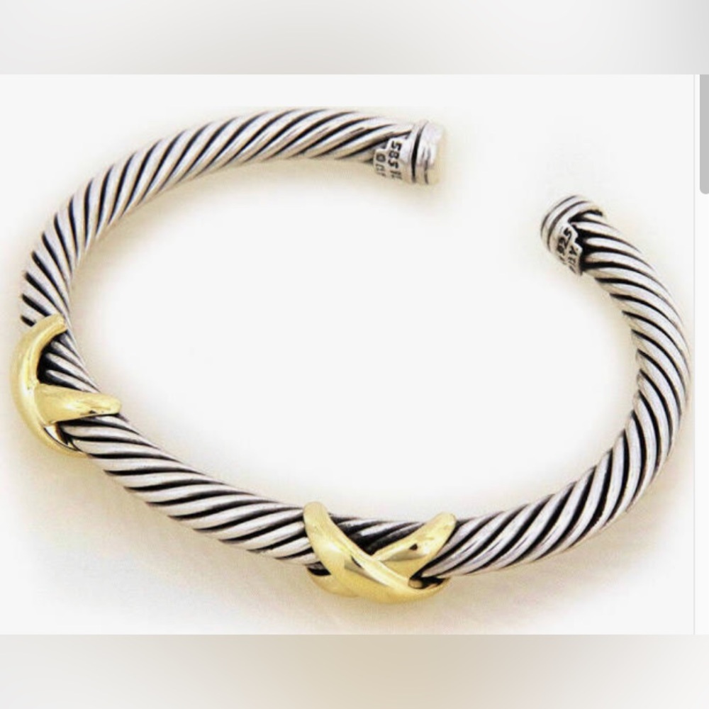 David Yurman sterling silver with 14K yellow gold double x cable cuff bracelet